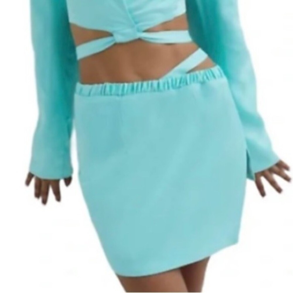 NEW For Love & Lemons Marie Asymmetrical Satin Aqua Side Slit Mini Skirt Size XS